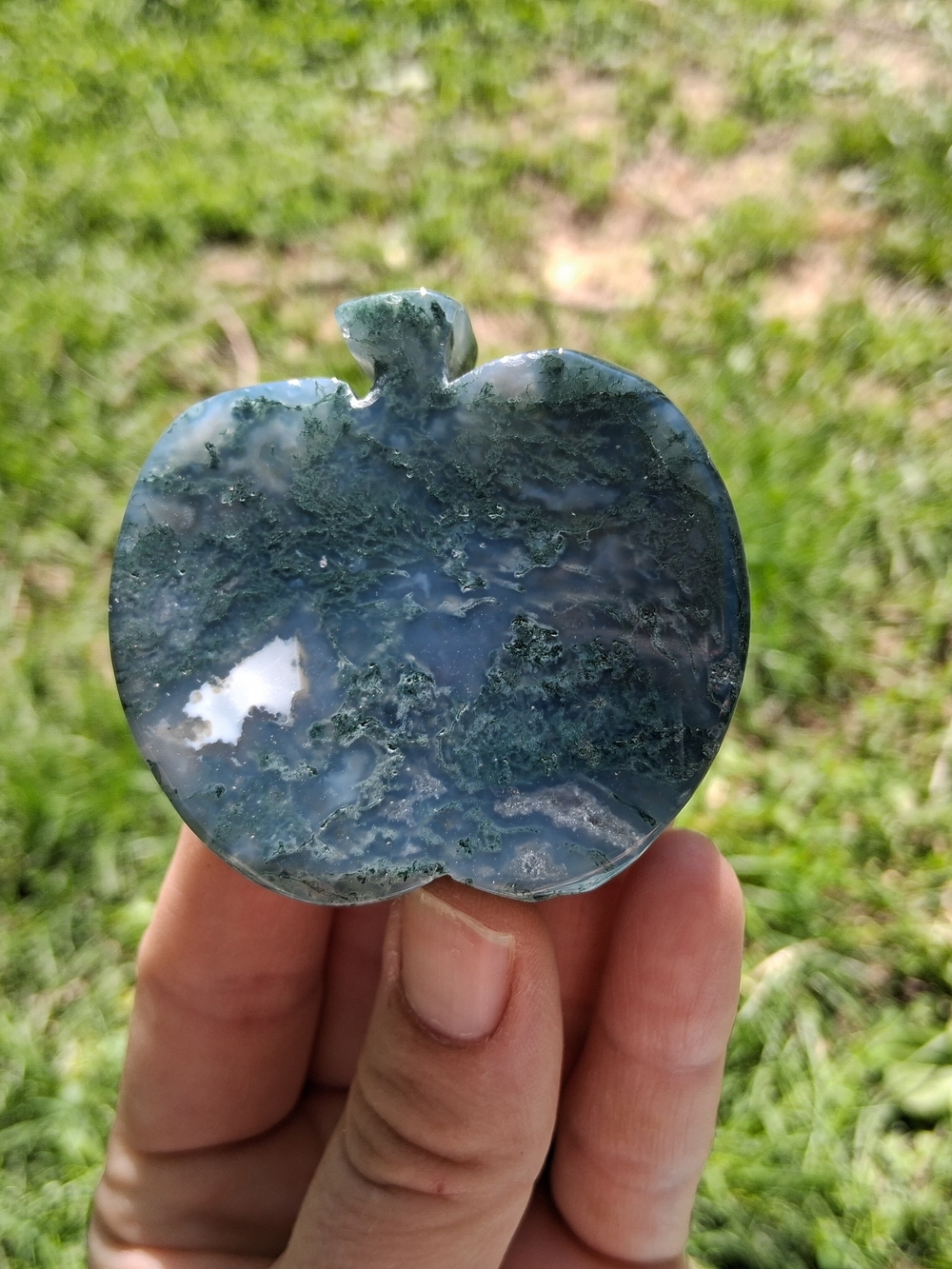 Green Moss Agate Carved Crystal Apple 59.4mm Teachers Gift Palm Worry Stone